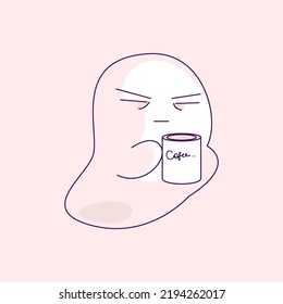 Hand-drawn abstract funny cute comic book ghost. An image of an unslept spirit drinking coffee