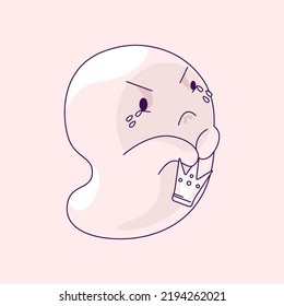 Hand-drawn abstract funny cute comic book ghost. Image of an offended spirit with tears in his eyes and holding a crown