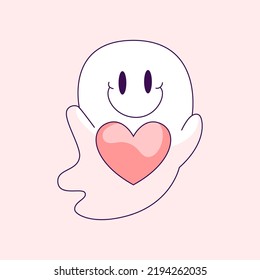 Hand-drawn abstract funny cute comic book ghost. Image of a spirit holding a heart