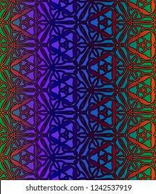 Hand-drawn abstract geometric seamless vector pattern with floral  ornament and triangular recycle icons with colorful gradient.