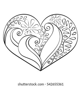 Hand-drawn abstract heart with indian pattern, vector. Element for Valentines day card or page of coloring book.