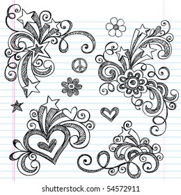 Hand-Drawn Abstract Hearts, Swirls, Flowers, and Stars Sketchy Notebook Doodles Vector Illustration Design Elements on Lined Sketchbook Paper Background