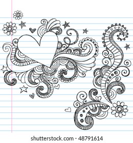Hand-Drawn Abstract Hearts and Swirls Sketchy Notebook Doodles Vector Illustration on Lined Sketchbook Paper Background