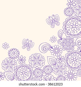 Hand-Drawn Abstract Henna Doodle Flowers and Butterfly Vector Illustration