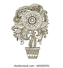 Hand-Drawn Abstract Henna Doodle Vector Illustration Design Elements Bouquet of flowers drawing