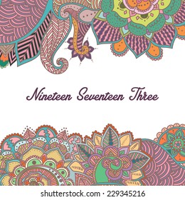 Hand-Drawn Abstract Henna Mehndi Flowers / Paisley Doodle Vector Illustration Design Elements with text field in the center