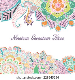 Hand-Drawn Abstract Henna Mehndi Flowers / Paisley Doodle Vector Illustration Design Elements with text field in the center