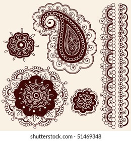 Hand-Drawn Abstract Henna Mehndi Flowers and Paisley Doodle Vector Illustration Design Elements