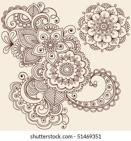 Hand-Drawn Abstract Henna Mehndi Abstract Flowers and Paisley Doodle Vector Illustration Design Elements