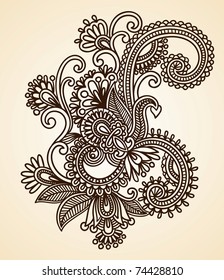 Hand-Drawn Abstract Henna Mendie Flowers Doodle Vector Illustration Design Element