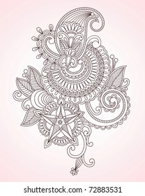 Hand-Drawn Abstract Henna Mendy Flowers Doodle Vector Illustration Design Element