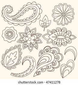 Elementos de diseño de dibujos de dibujos a mano Henna Paisley Vector Ilustración Doodle