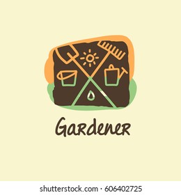 Hand-drawn abstract logo for home rural business. Concept template logotype with sun and garden accessories.