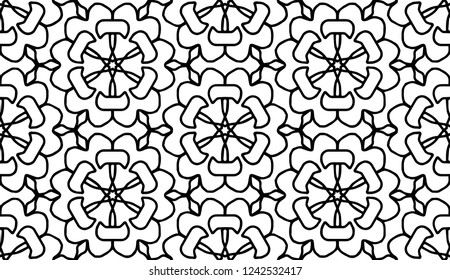 Hand-drawn abstract monochrome seamless vector pattern with geometric round ornament.