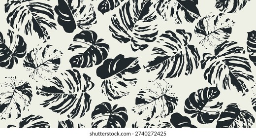 Hand-drawn abstract Monstera deliciosa pattern, seamless floral design, suitable for fabrics, textiles, clothing, posters, covers, banners, and backgrounds. Vector graphic.