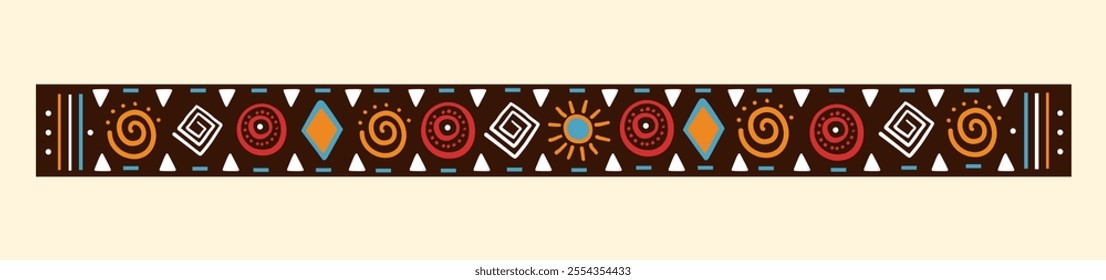 A hand-drawn abstract pattern. Bright background in ethnic style, border with African motifs. 