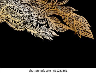 handdrawn abstract pattern with feathers in gold color,  on a black background