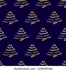 Hand-drawn abstract pine pattern for new year, golden christmas tree seamless background, EPS 10