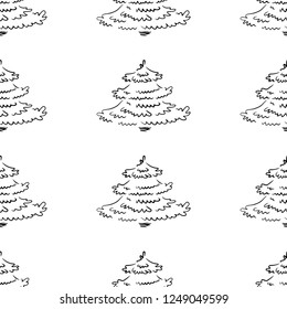 Hand-drawn abstract pine pattern for new year, christmas tree seamless black and white background, EPS 8