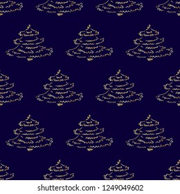 Hand-drawn abstract pine pattern for new year, golden christmas tree seamless background, EPS 10