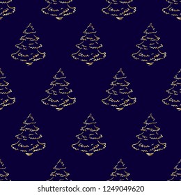 Hand-drawn abstract pine pattern for new year, golden christmas tree seamless background, EPS 10