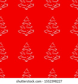 Hand-drawn abstract pine pattern for new year. Christmas tree seamless red background. EPS 8