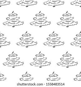 Hand-drawn abstract pine pattern for new year. Christmas tree seamless black and white background. EPS 8