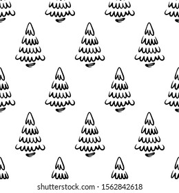 Hand-drawn abstract pine pattern for new year. Christmas tree seamless black and white background. EPS 8