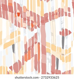 Hand-drawn abstract plaid seamless pattern in soft terracotta and beige tones for textile print for fabric, modern artistic grid design with painterly brushstrokes