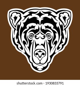 Retrato abstracto hecho a mano de un oso. Pegatina. Ilustración estilizada vectorial aislada en fondo marrón.