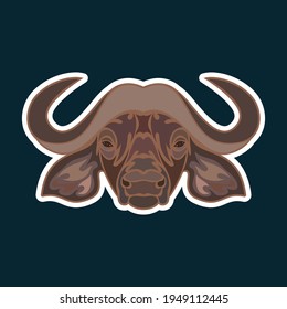 Hand-drawn abstract portrait of a buffalo. Sticker. Colorful vector stylized illustration isolated on dark blue background.