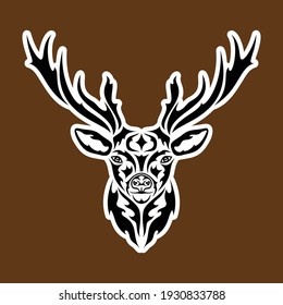 Hand-drawn abstract portrait of a deer. Sticker. Vector stylized illustration isolated on brown background.