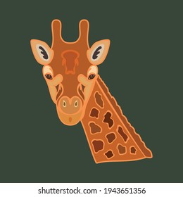 Hand-drawn abstract portrait of a giraffe for tattoo, logo, wall decor, T-shirt print design or outwear. Colorful vector stylized illustration on green background.