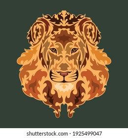 Hand-drawn abstract portrait of a lion. Vector stylized colorful illustration for tattoo, logo, wall decor, T-shirt print design or outwear. 