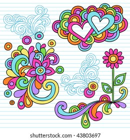 Hand-Drawn Abstract Psychedelic Notebook Doodles with Hearts and Flower on Lined Paper Background- Vector Illustration