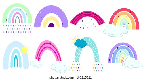 Hand-drawn abstract rainbow in the sky in cartoon style. Template for a logo.
Vector set. Childrens illustrations. Rainbow in different shapes. Multi-colored objects of different shapes