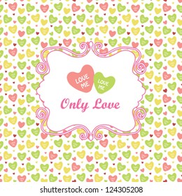 hand-drawn abstract seamless background with romantic lace frame and candy hearts