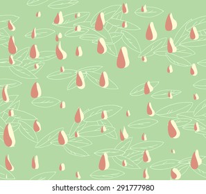 Hand-drawn abstract seamless pattern. Colorful shapes of leaves and rain drops