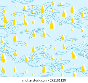 Hand-drawn abstract seamless pattern. Colorful shapes of leaves and rain drops