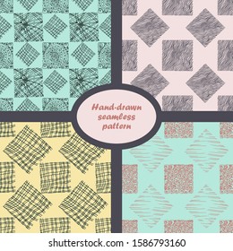 A hand-drawn abstract seamless pattern of curved lines and dots set. Multicolored vector illustration of a retro style.