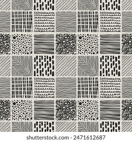 Hand-drawn abstract seamless pattern. Curves, dots, and doodles. Trendy Simple Vector illustration
