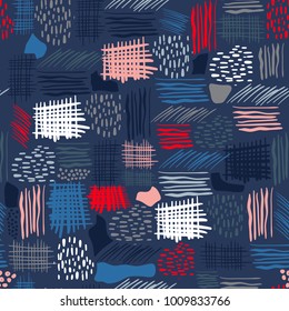 Hand-drawn abstract seamless pattern with decorative watercolor and ink elements: polka dots ,stripe, line.colorful  Repeated seamless on navy blue background.