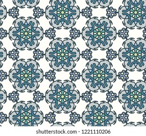 Hand-drawn abstract seamless pattern with geometric mandala and blue curved lines.