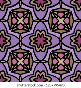 Hand-drawn abstract seamless pattern with geometric tile on a violet background.
Seamless pattern of geometrical mosaic.