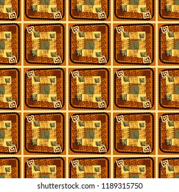Hand-drawn abstract seamless pattern with squares in African style tribal background. vector