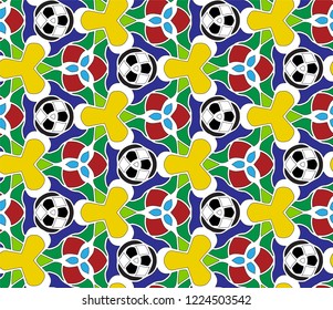 Hand-drawn abstract seamless vector pattern with football balls, trefoils and loops.  
Seamless monochrome backdrop with football ornament.