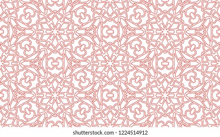 Hand-drawn abstract seamless vector pattern with kaleidoscope.  
Seamless monochrome backdrop with red mandala contour.