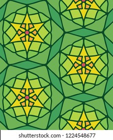 Hand-drawn abstract seamless vector pattern with triangles and yellow arrows on a green background.