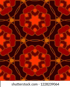 Hand-drawn abstract seamless vector pattern with red stars, circles and round frames.