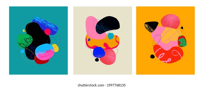 Handdrawn abstract set with colorful shapes and doodle objects, lines. Contemporary art modern trendy vector illustration. Collage. Background design for poster, print, cover, wallpaper, banner.